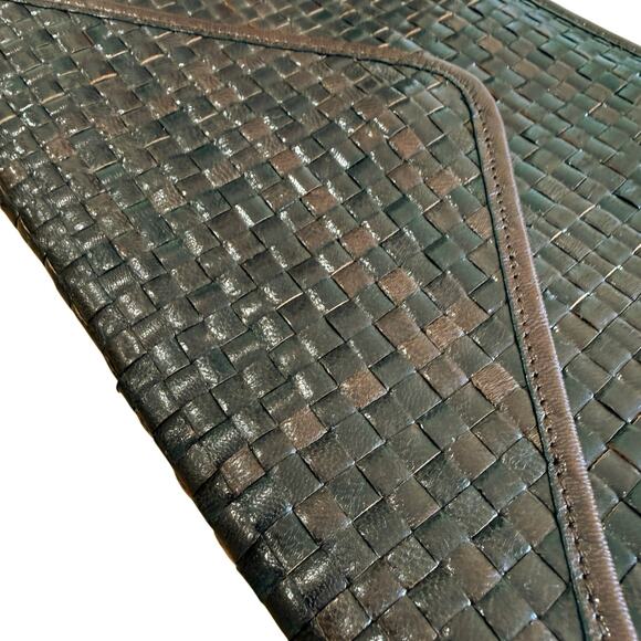 La Bagagerie Brown Woven Leather Envelope Clutch Handbag France Classic Chic - Picture 12 of 13